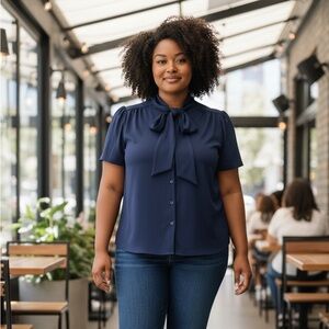 Judy Bond Neck Tie Button Down Blouse